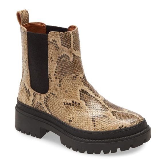 Lucky Brand Ellerey Chelsea Boots Snake Print Leather Lug Sole Booties Size 8 - Picture 1 of 6
